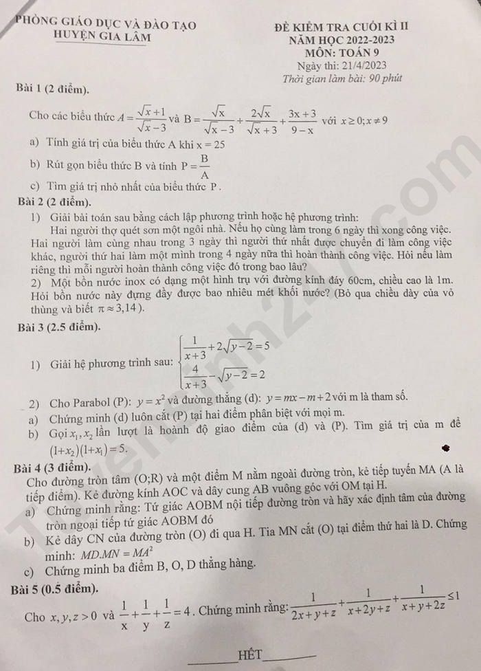 De thi cuoi ki 2 mon Toan lop 9 Huyen Gia Lam 2023