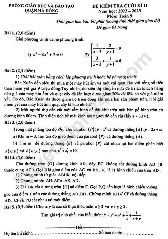 De thi ki 2 lop 9 mon Toan 2023 - Quan Ha Dong (Co dap an)