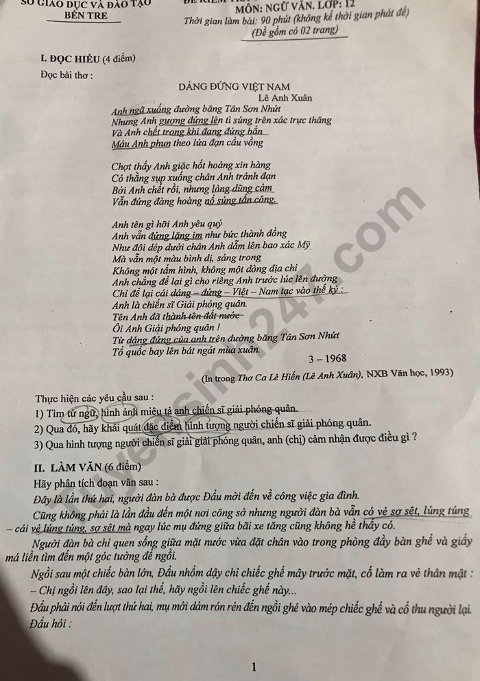 De thi hoc ki 2 lop 12 mon Van 2023 - So GD Ben Tre (Co dap an)