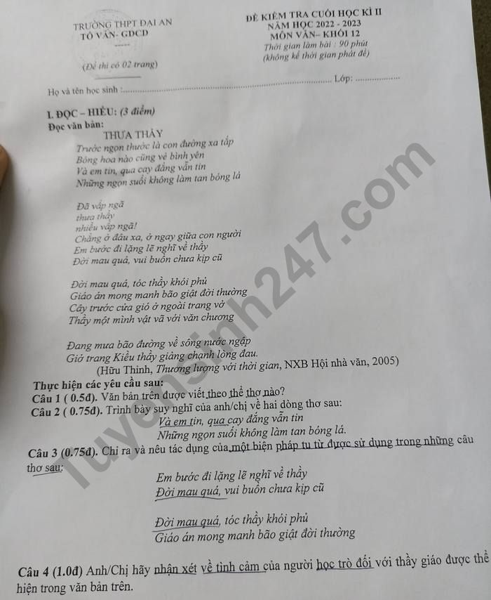 De thi cuoi ki 2 mon Van lop 12 Van 12 - THPT Dai An nam 2023