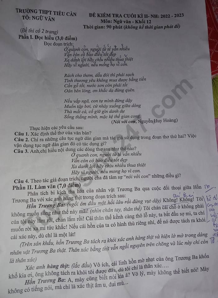 De kiem tra cuoi ki 2 lop 12 mon Van nam 2023 - THPT Tieu Can