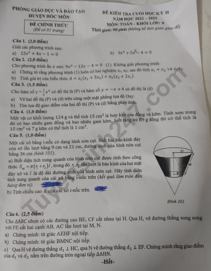 De hoc ki 2 lop 9 nam 2023 mon Toan - Phong GD Huyen Hoc Mon