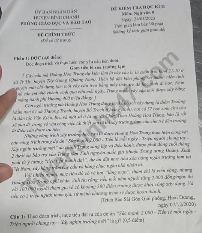 De thi cuoi ki 2 mon Van lop 9 - Phong GD Huyen Binh Chanh nam 2023
