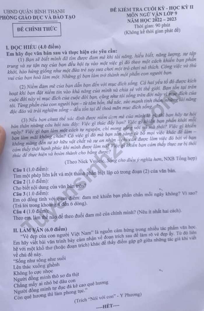 De thi hoc ki 2 lop 9 mon Van nam 2023 - Phong GD Quan Binh Thanh