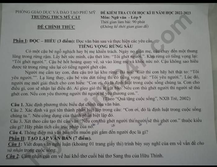 De thi cuoi ki 2 mon Van lop 9 - THCS My Cat nam 2023