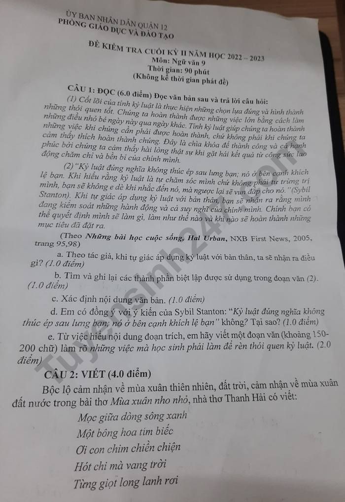 De kiem tra cuoi ki 2 lop 9 mon Van nam 2023 - Quan 12