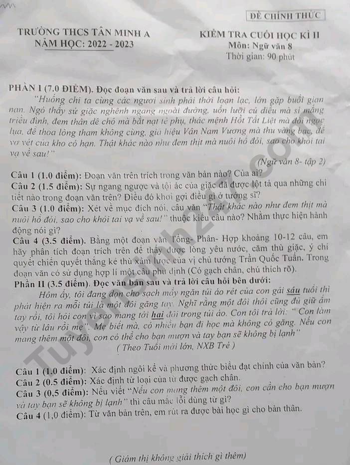 De thi ki 2 mon Van lop 8 nam 2023 - THCS Tan Minh A