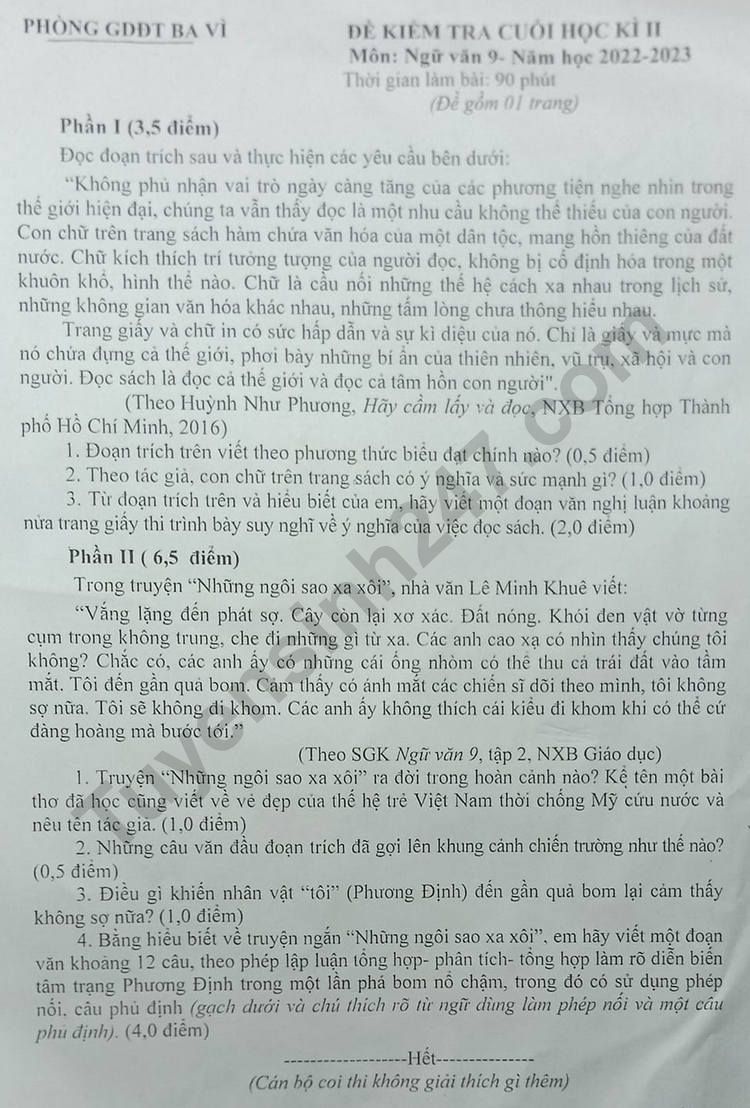 De thi ki 2 mon Van lop 9 nam 2023 - Phong GD Ba Vi