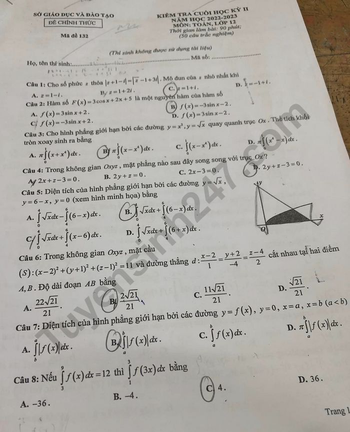 De hoc ki 2 lop 12 nam 2023 mon Toan - So GD Binh Duong