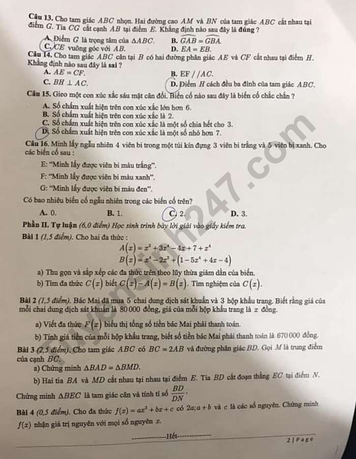 De thi cuoi ki 2 mon Toan lop 7 - THCS Giang Vo nam 2023