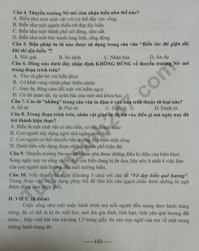 De thi hoc ki 2 lop 7 mon Van nam 2023 - Phong GD Thanh Tri