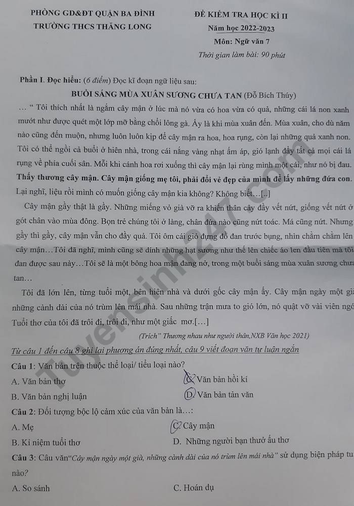 De thi hoc ki 2 lop 7 mon Van nam 2023 - THCS Thang Long