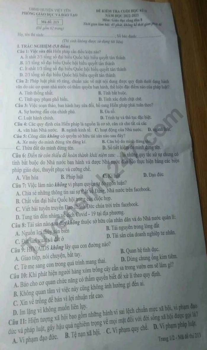 De thi hoc ki 2 lop 8 mon GDCD nam 2023 - Phong GD Viet Yen