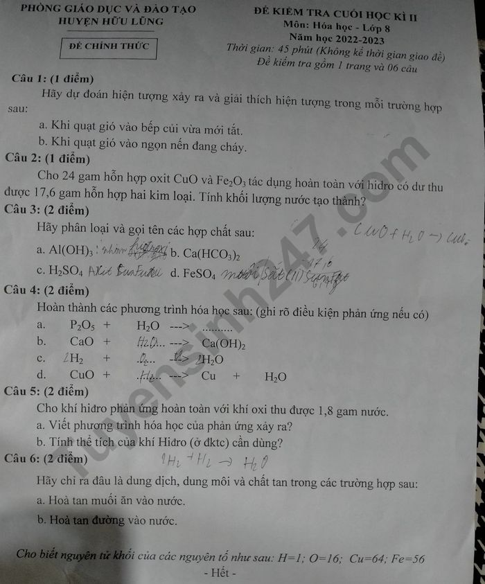 De kiem tra cuoi ki 2 lop 8 mon Hoa nam 2023 - Phong GD Huu Lung