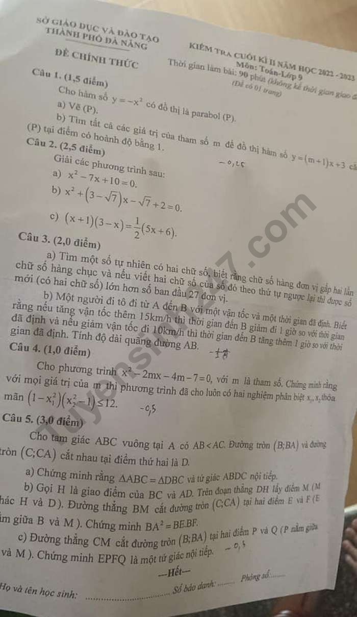 De kiem tra cuoi ki 2 lop 9 mon Toan nam 2023 - So GD Da Nang