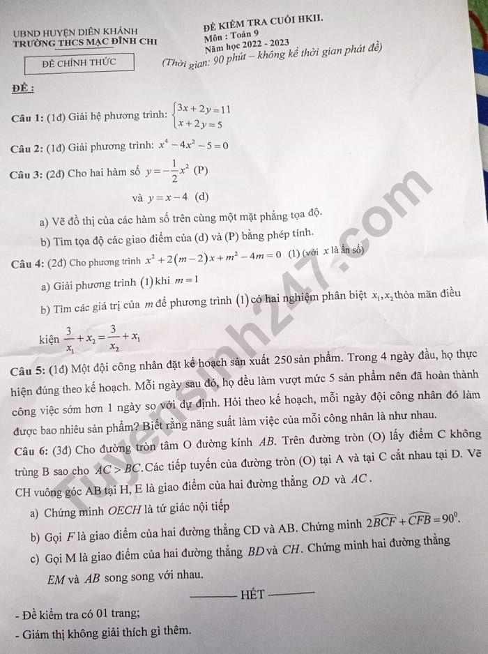 De hoc ki 2 lop 9 nam 2023 mon Toan - THCS Mac Dinh Chi