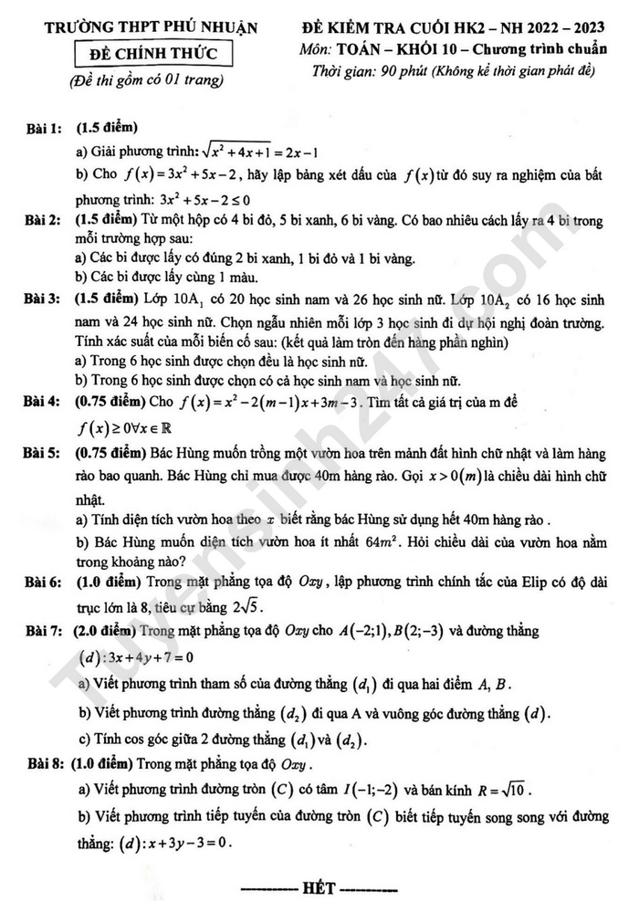 De thi cuoi ki 2 mon Toan lop 10 THPT Phu Nhuan 2023