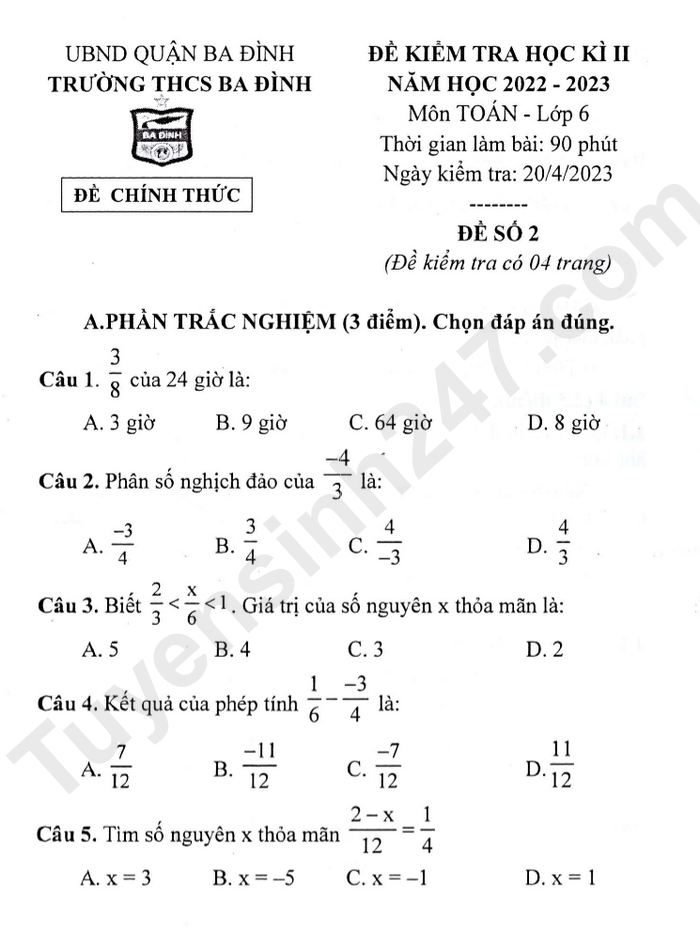 De thi hoc ki 2 mon Toan lop 6 nam 2023 - THCS Ba Dinh
