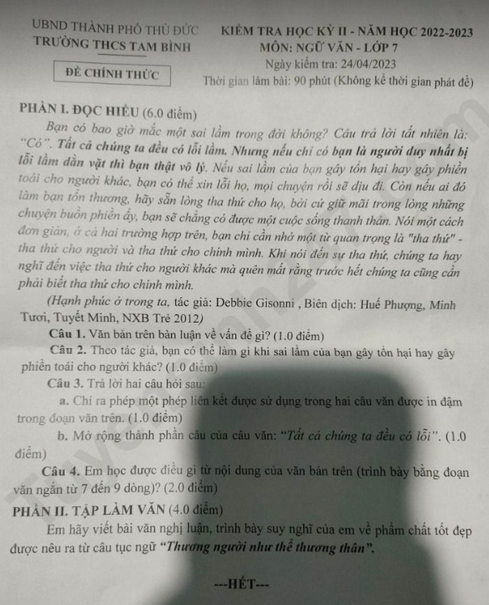 De hoc ki 2 lop 7 nam 2023 mon Van - THCS Tam Binh
