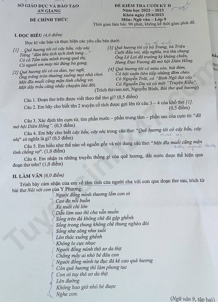 De kiem tra cuoi ki 2 lop 9 mon Van 2023 tinh An Giang
