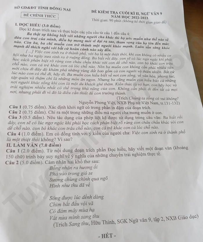 De kiem tra cuoi ki 2 lop 9 mon Van 2023 tinh Dong Nai