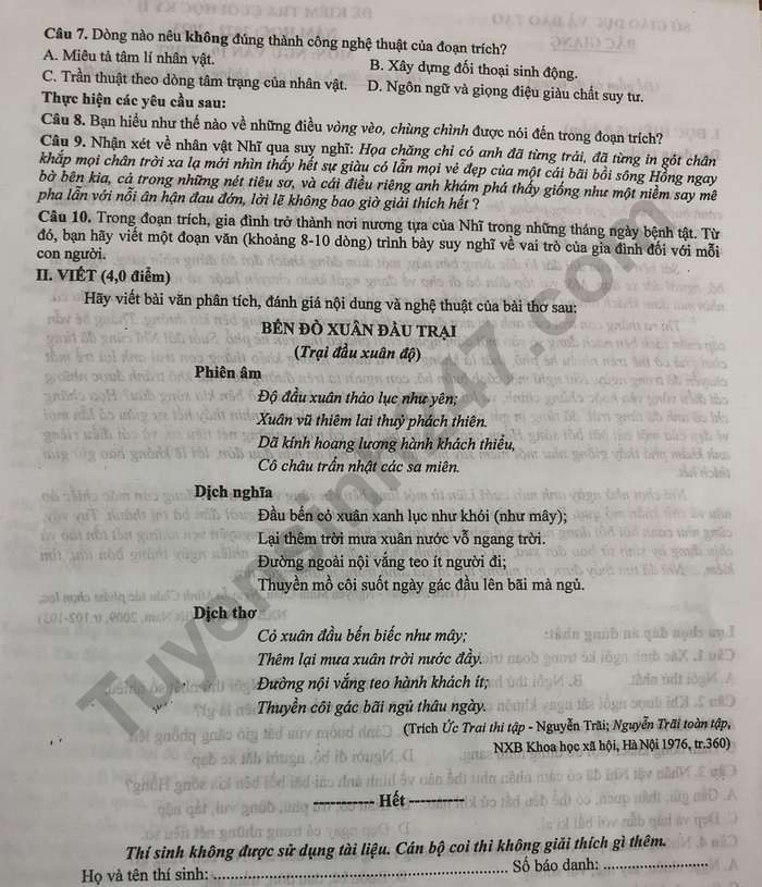 De cuoi ki 2 lop 10 mon Van nam 2023 - So GD Bac Giang