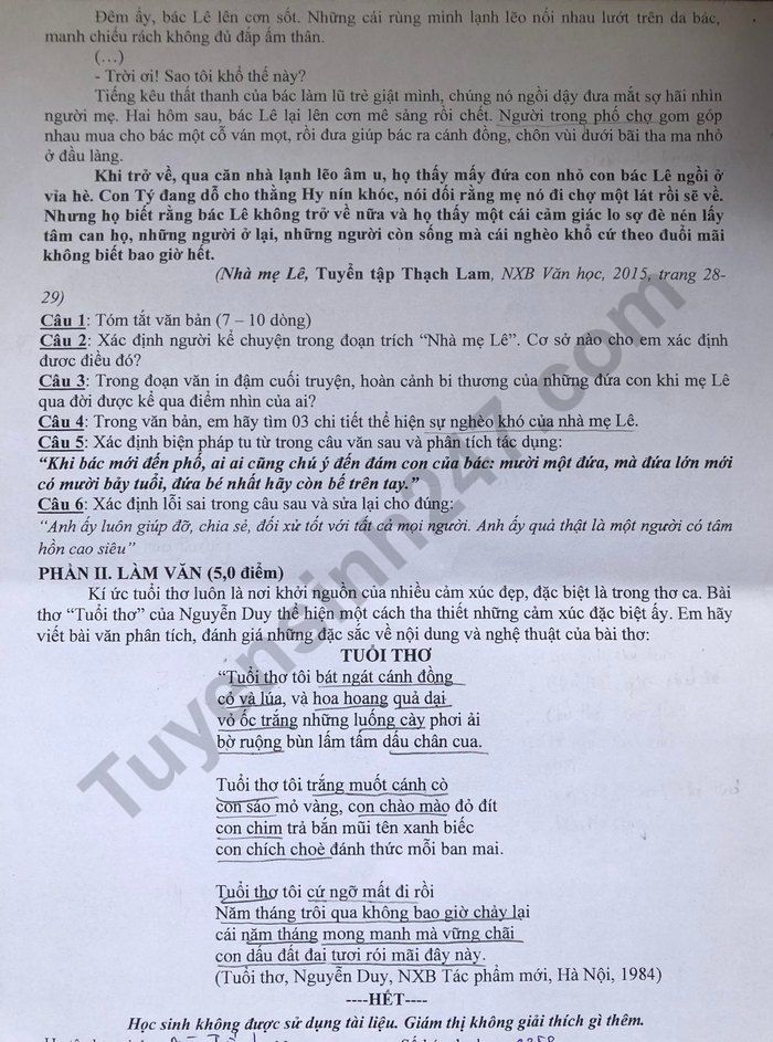 De kiem tra cuoi ki 2 lop 10 mon Van nam 2023 - THPT Linh Trung