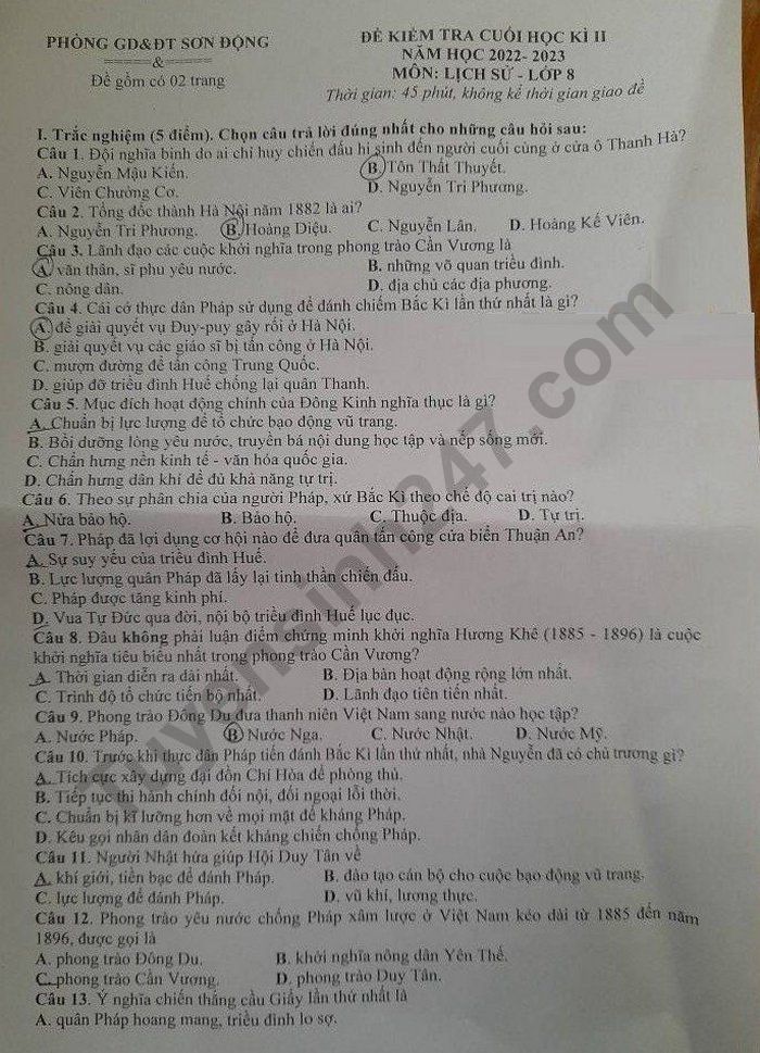 De cuoi ki 2 lop 8 mon Su nam 2023 - Phong GD Son Dong