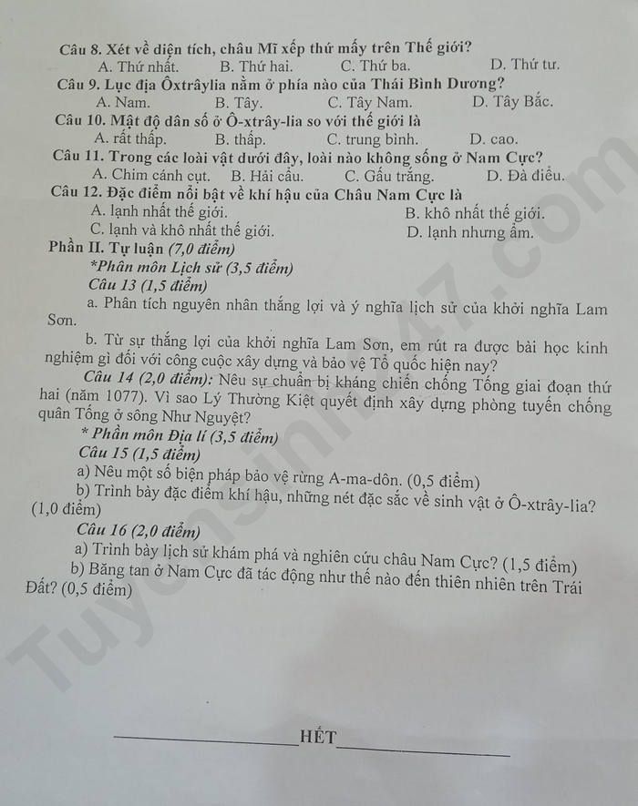 De cuoi ki 2 lop 7 mon Su - Dia nam 2023 - TH&THCSTrang Cac