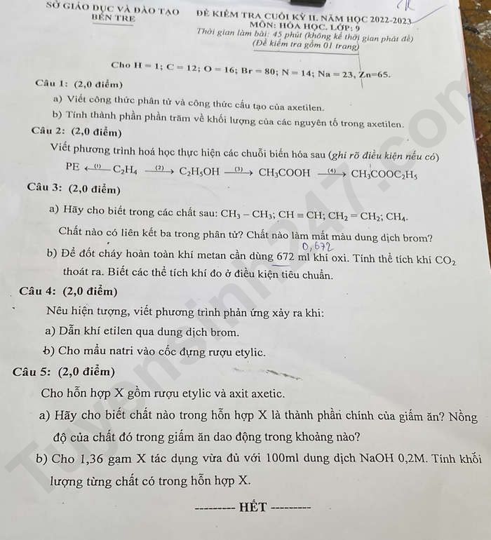 De thi ki 2 mon Hoa lop 9 tinh Ben Tre 2023
