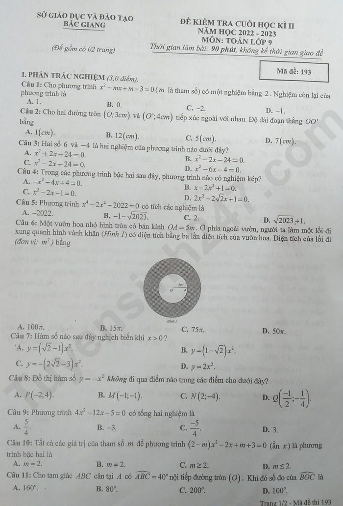 De hoc ki 2 lop 9 nam 2023 mon Toan - tinh Bac Giang