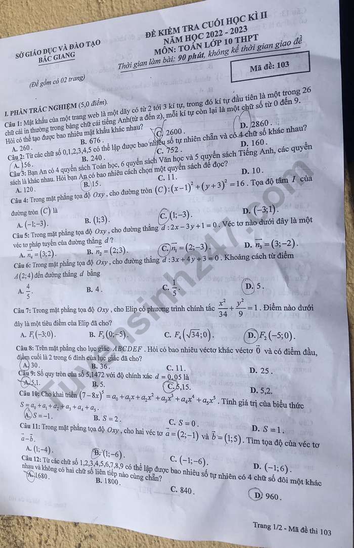 De kiem tra cuoi ki 2 lop 10 mon Toan nam 2023 - So GD Bac Giang