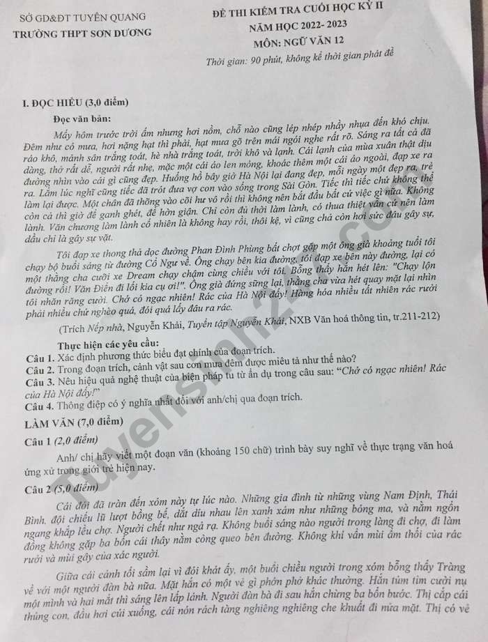 De thi cuoi ki 2 mon Van lop 12 - THPT Son Duong nam 2023