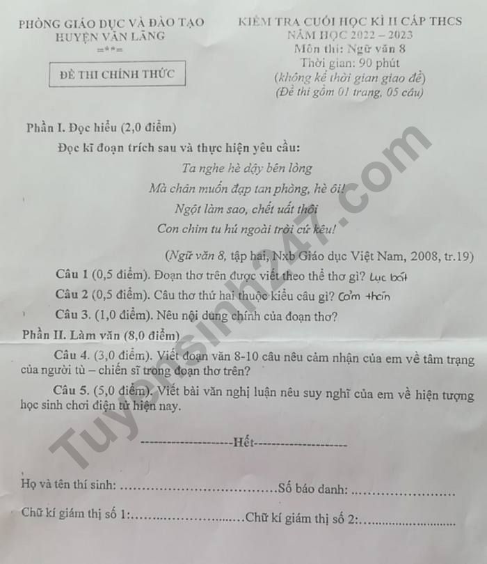 De hoc ki 2 lop 8 nam 2023 mon Van - Phong GD Huyen Van Lang