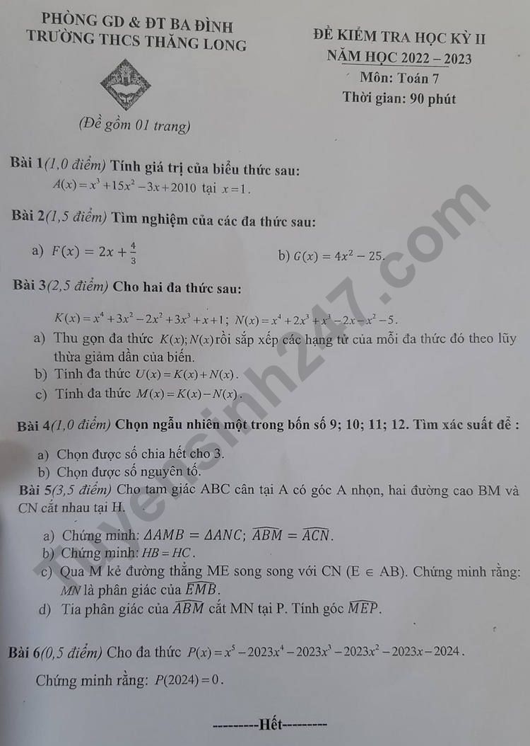 De thi ki 2 mon Toan lop 7 - THCS Thang Long 2023