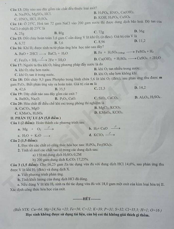 De thi ki 2 lop 8 mon Hoa 2023 - Phong GD Yen The