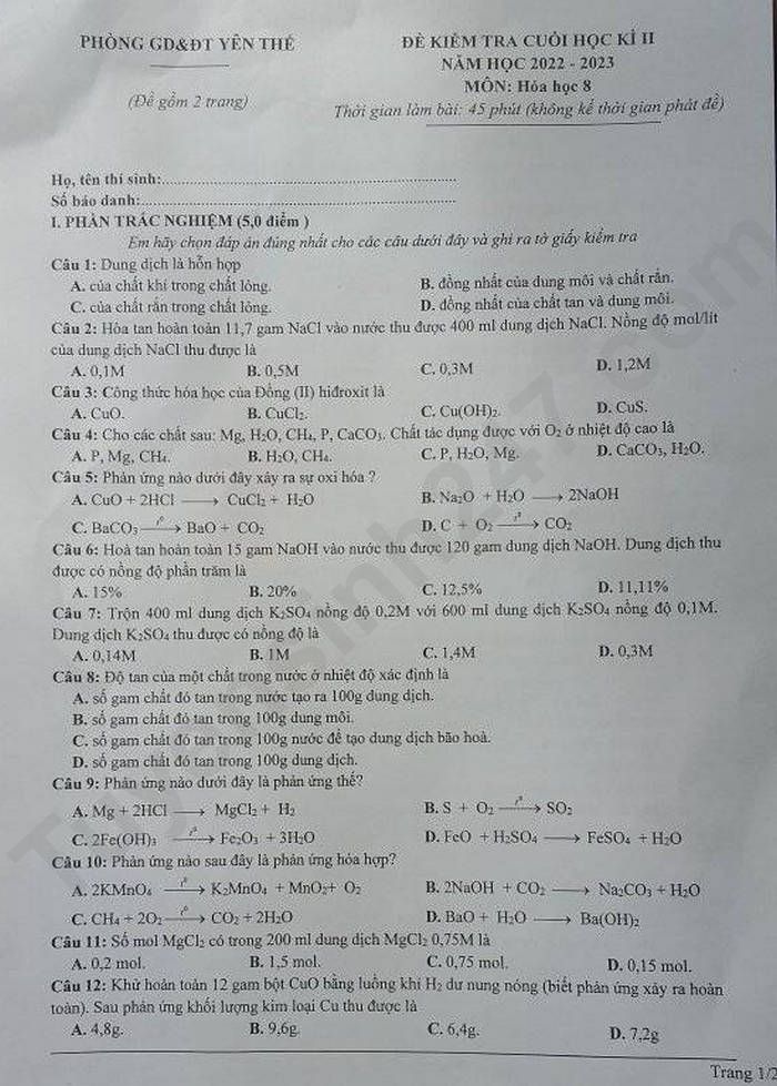 De thi ki 2 lop 8 mon Hoa 2023 - Phong GD Yen The
