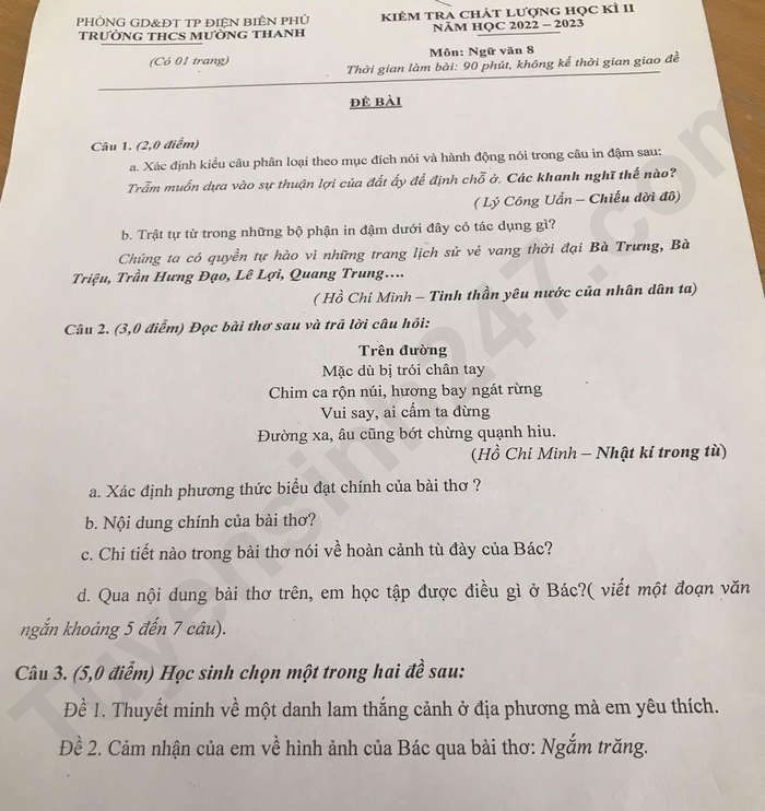 De thi hoc ki 2 lop 8 mon Van nam 2023 - THCS Muong Thanh