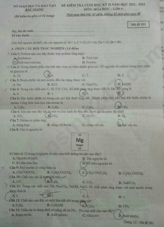 De hoc ki 2 lop 9 nam 2023 mon Hoa tinh Bac Giang