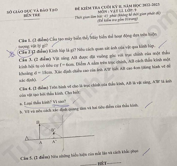 De kiem tra cuoi ki 2 lop 9 mon Ly nam 2023 - tinh Ben Tre
