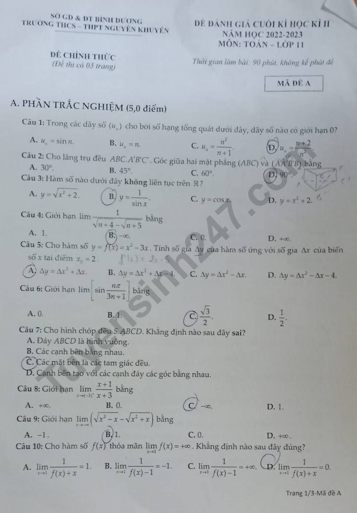 De thi cuoi ki 2 mon Toan lop 11 - THCS & THPT Nguyen Khuyen nam 2023