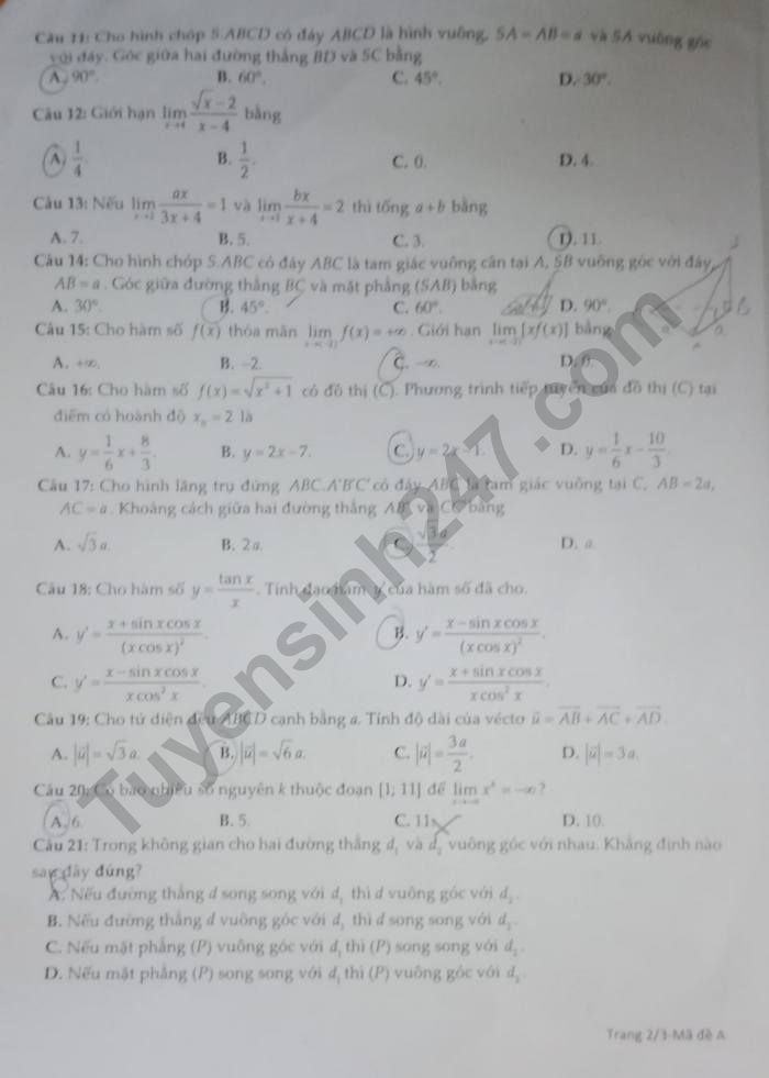De thi cuoi ki 2 mon Toan lop 11 - THCS & THPT Nguyen Khuyen nam 2023