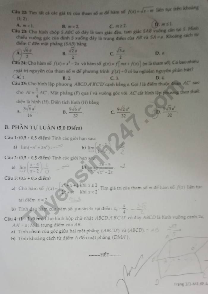 De thi cuoi ki 2 mon Toan lop 11 - THCS & THPT Nguyen Khuyen nam 2023