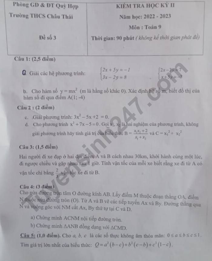 De kiem tra cuoi ki 2 lop 9 mon Toan nam 2023 - THCS Chau Thai