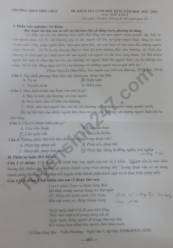 De thi hoc ki 2 lop 9 mon Van nam 2023 - THCS Tien Chau