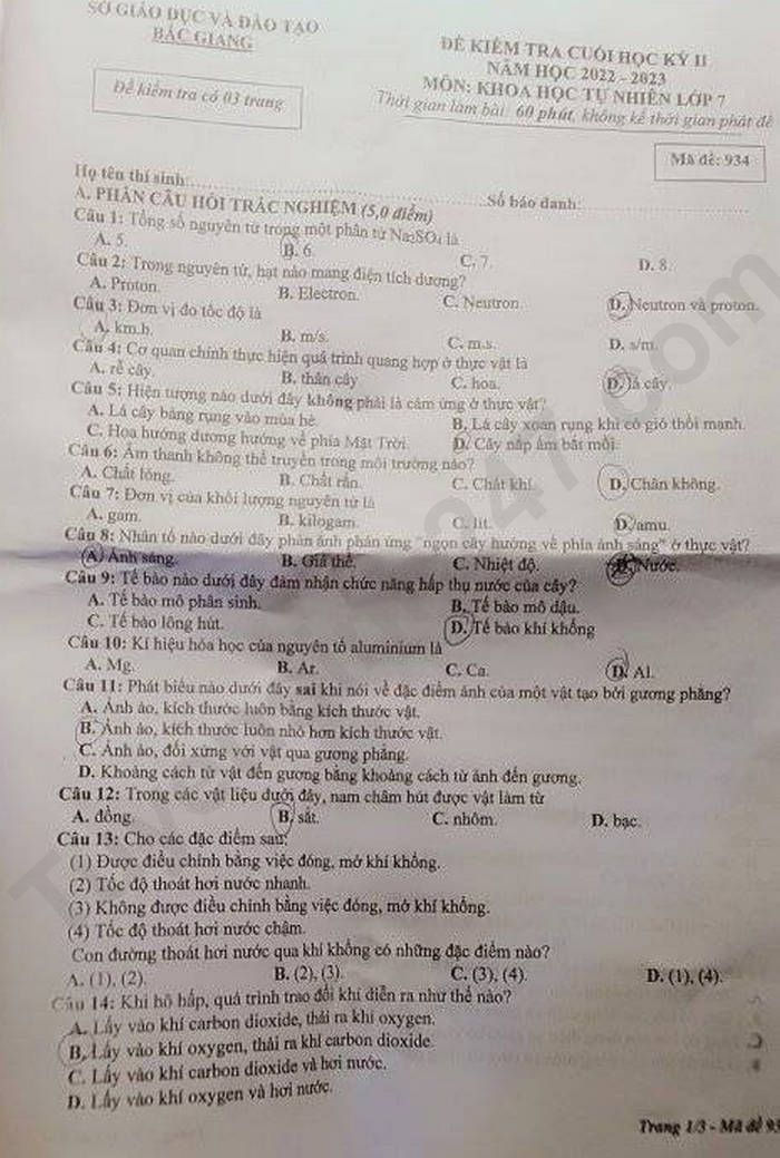 De hoc ki 2 lop 7 nam 2023 mon KHTN - So GD Bac Giang
