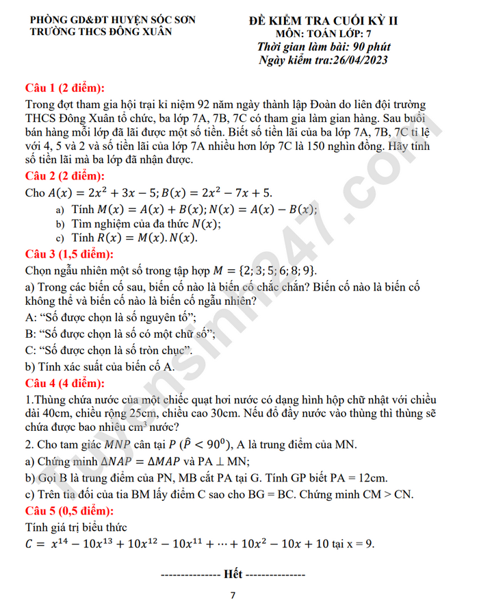 De thi ki 2 mon Toan lop 7 - THCS Dong Xuan 2023 (Co dap an)