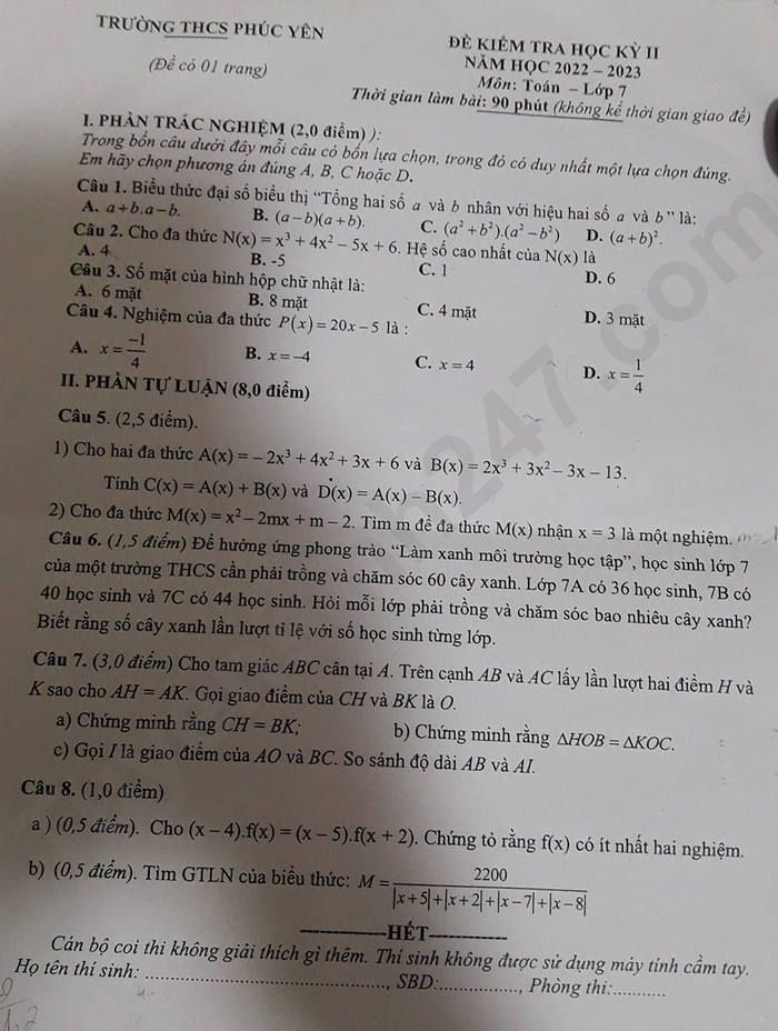 De cuoi ki 2 lop 7 mon Toan nam 2023 THCS Phuc Yen