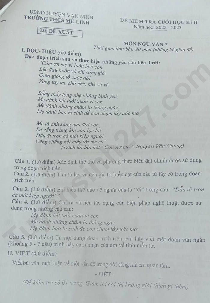De hoc ki 2 lop 7 nam 2023 mon Van - THCS Me Linh