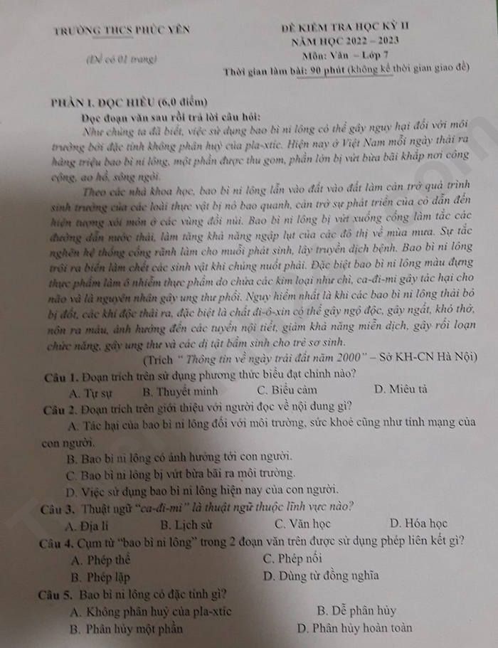 De hoc ki 2 lop 7 nam 2023 mon Van - THCS Phuc Yen